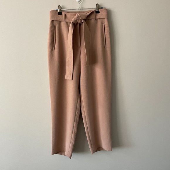Wilfred Tie-Front Pants Casual High Waisted Belted Straight Leg Tan 4 NO BELT - Picture 2 of 10